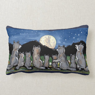 Wolf Wolves Howling at Moon Night Designer Pillow