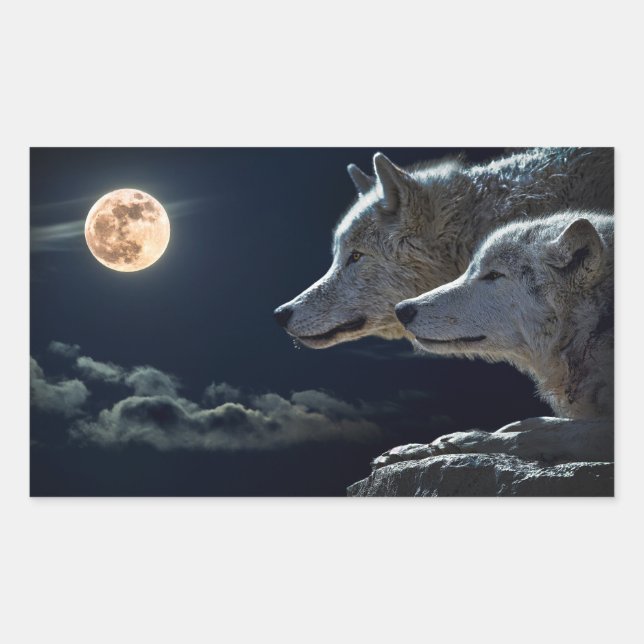 Wolf Wolves Howling at the Full Moon at Night Rectangular Sticker (Front)