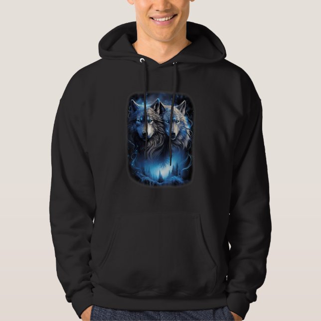 Wolf Wolves in Forest Galaxy Moon Fantasy Art Wild Hoodie (Front)
