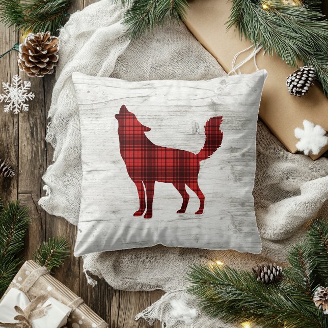 Wolf Woodland Birch Rood Buffalo Plaid Cushion (Creator Uploaded)