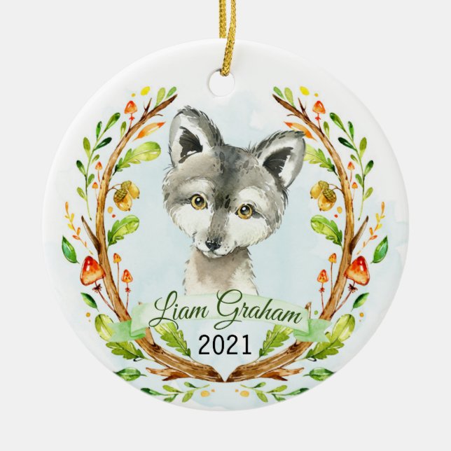 Wolf Woodland Christmas Holiday Keepsake Ceramic Ornament (Front)