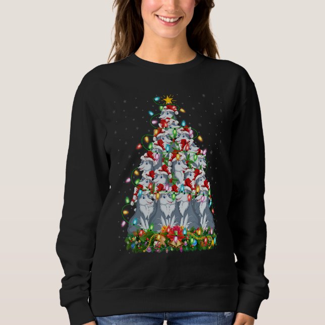 Wolf   Xmas Lights Santa Wolf Christmas Tree Sweatshirt (Front)
