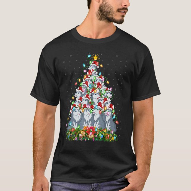 Wolf   Xmas Lights Santa Wolf Christmas Tree T-Shirt (Front)