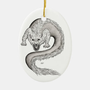 Wolfdragon black and white Design Ceramic Tree Decoration