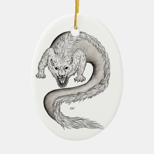 Wolfdragon black and white Design Ceramic Tree Decoration (Front)