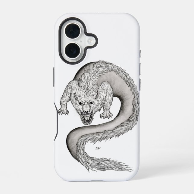 Wolfdragon black and white design iPhone 16 case (Back)