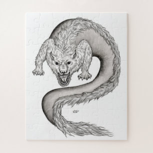 Wolfdragon black and white design jigsaw puzzle