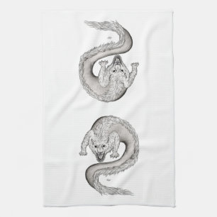 Wolfdragon black and white Design Tea Towel