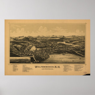 Wolfeboro New Hampshire 1889 Antique Panoramic Map Poster
