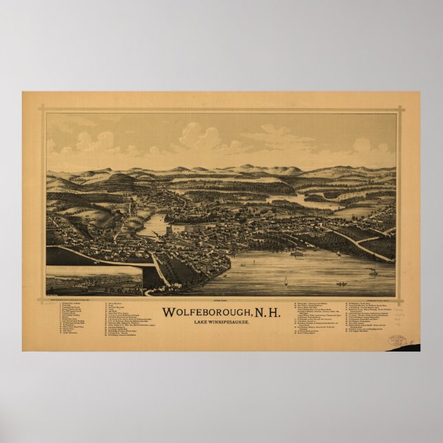 Wolfeboro New Hampshire 1889 Antique Panoramic Map Poster (Front)