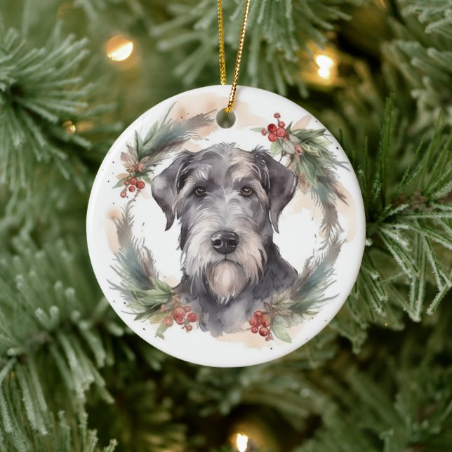 Wolfhound Christmas Wreath Festive Pup  Ceramic Ornament (Tree)