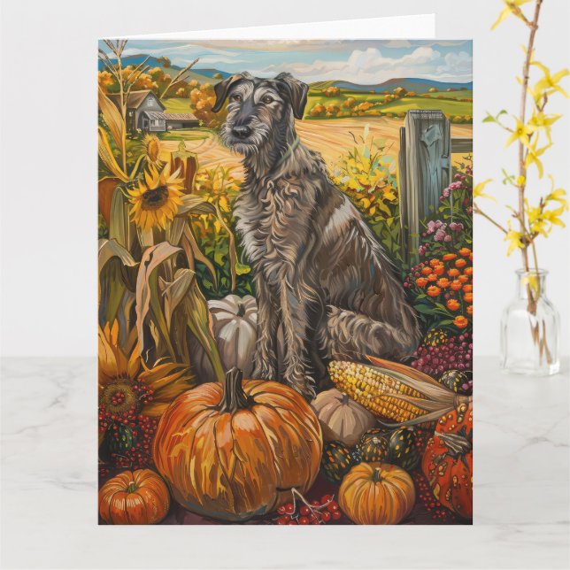 Wolfhound Dog Autumn Harvest Thanksgiving Card (Yellow Flower)
