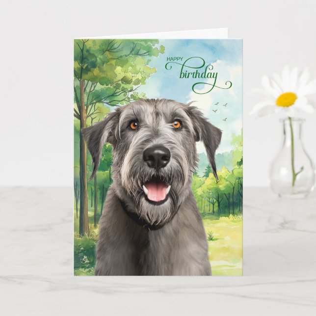Wolfhound Dog Birthday Wishes Park with Oaks Card (Small Plant)