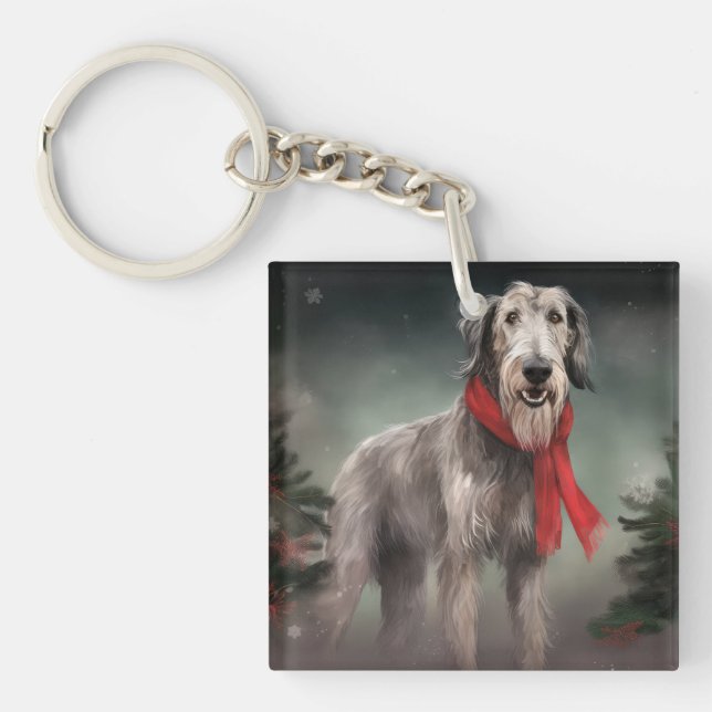 Wolfhound Dog in Snow Christmas Key Ring (Front)
