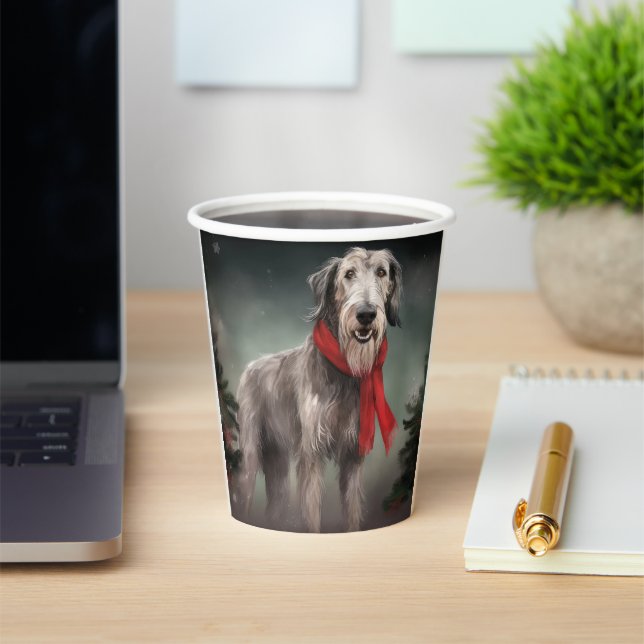 Wolfhound Dog in Snow Christmas Paper Cups (Insitu)
