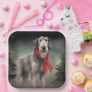 Wolfhound Dog in Snow Christmas Paper Plate