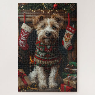 Wolfhound Dog With Christmas Gifts Fireplace Jigsaw Puzzle