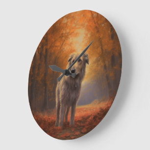 Wolfhound in Autumn Leaves Fall Inspire Large Clock