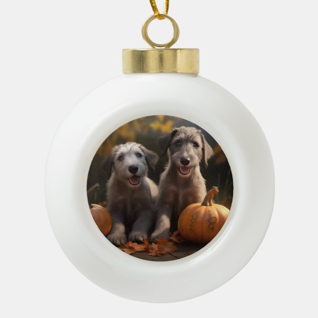 Wolfhound  Puppy Autumn Delight Pumpkin Ceramic Ball Christmas Ornament (Front)