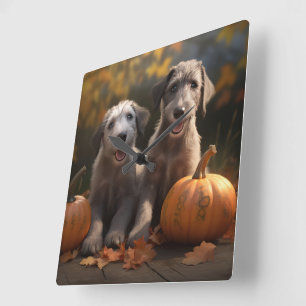 Wolfhound Puppy Autumn Delight Pumpkin Square Wall Clock