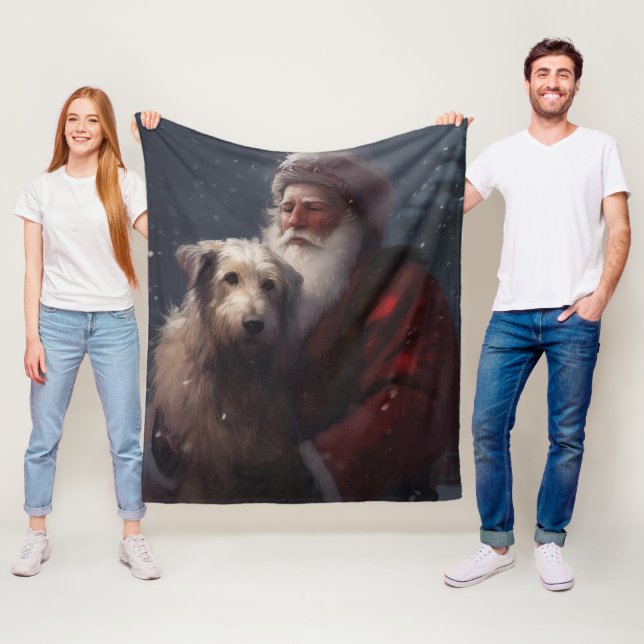Wolfhound With Santa Claus Festive Christmas Fleece Blanket (In Situ)