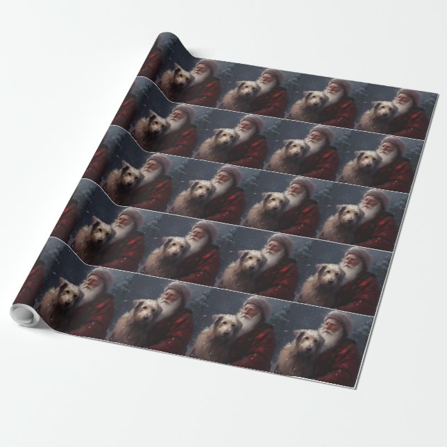 Wolfhound With Santa Claus Festive Christmas Wrapping Paper (Unrolled)