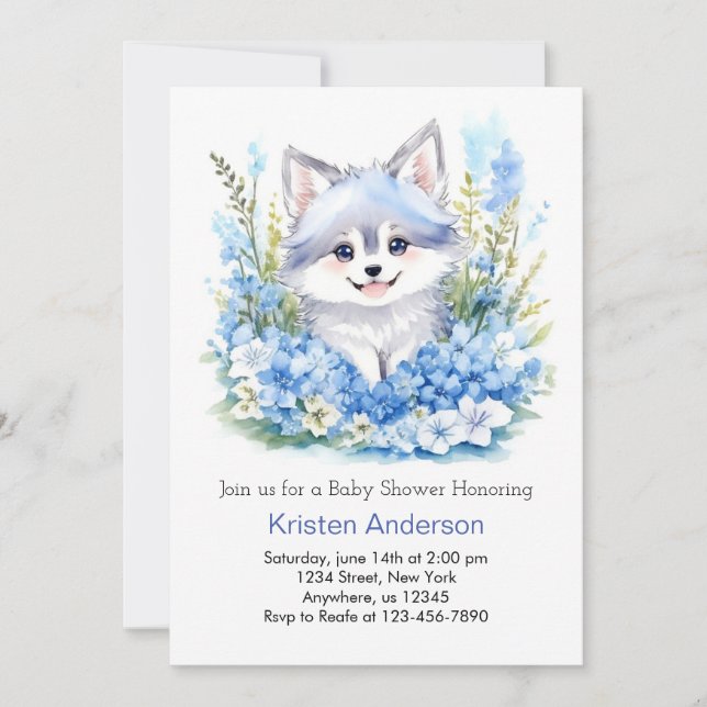 Wolf's Blue Blissful Woodland Boy Baby Shower Invitation (Front)