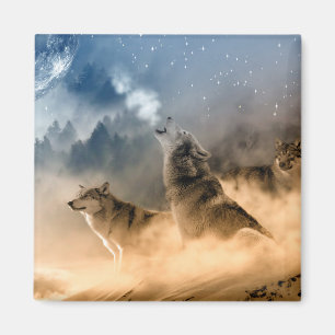 Wolfs Howl on a Cold Foggy Starry Star Fall Night Magnet