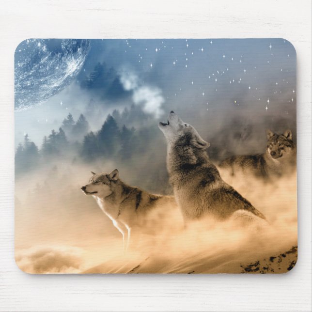 Wolfs Howl on a Cold Foggy Starry Star Fall Night Mouse Pad (Front)