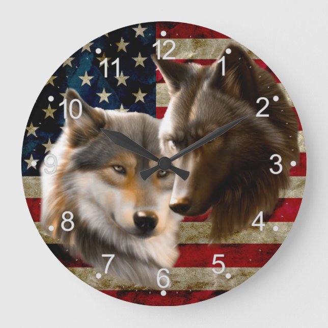 Wolves  American Flag Large Clock (Front)