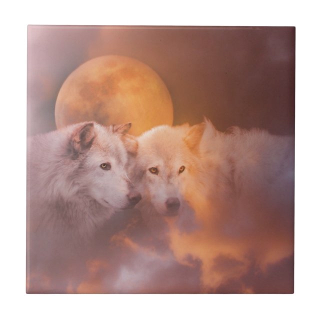 Wolves and Moon Ceramic Tile (Front)