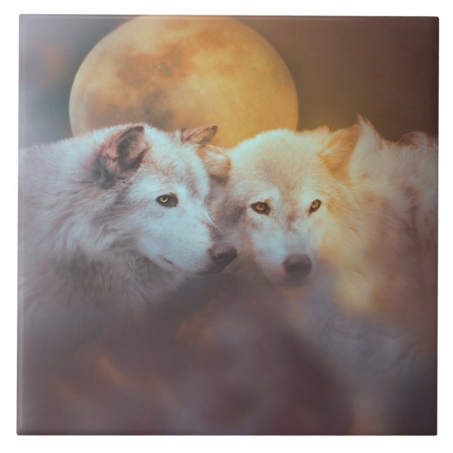 Wolves and Moon Surreal Fine Art Ceramic Tile (Front)