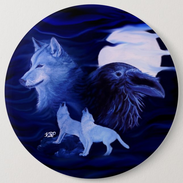 Wolves and Raven with full moon 6 Cm Round Badge (Front)