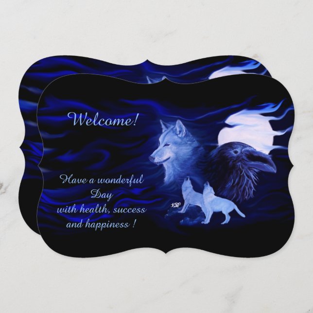 Wolves and Raven with full moon, Add Your Text Invitation (Front/Back)