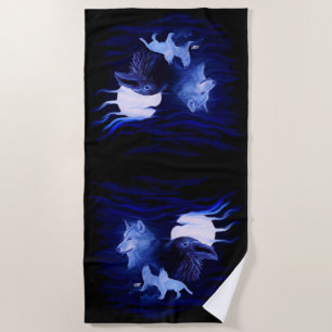 Wolves and Raven with full moon Beach Towel