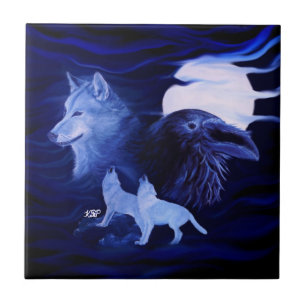 Wolves and Raven with full moon Ceramic Tile