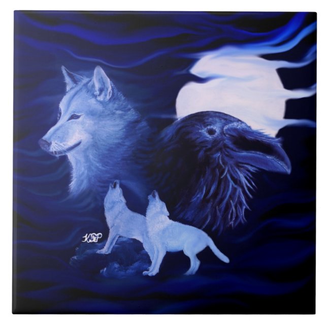 Wolves and Raven with full moon Ceramic Tile (Front)