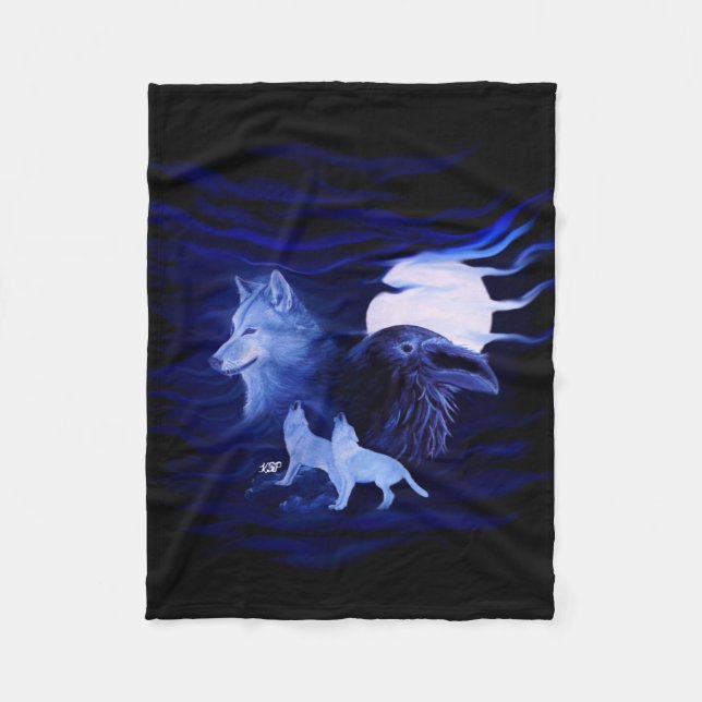 Wolves and Raven with full moon Fleece Blanket (Front)