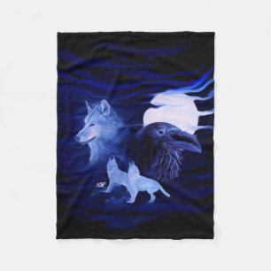 Wolves and Raven with full moon Fleece Blanket