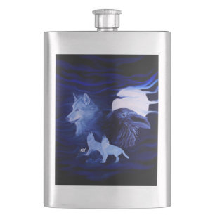 Wolves and Raven with full moon Hip Flask