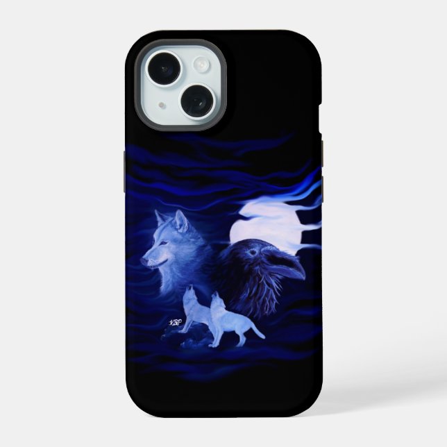 Wolves and Raven with full moon iPhone 15 Case (Back)