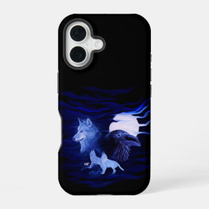 Wolves and Raven with full moon iPhone 16 Case
