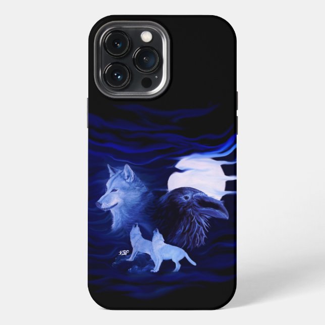 Wolves and Raven with full moon iPhone Case (Back)