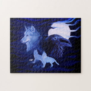 Wolves and Raven with full moon Jigsaw Puzzle