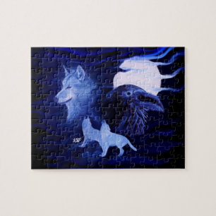 Wolves and Raven with full moon Jigsaw Puzzle