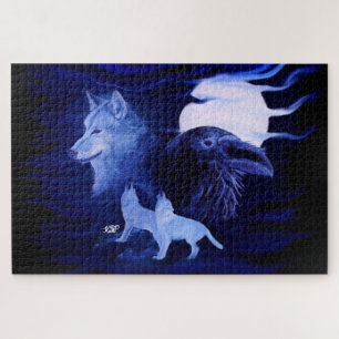 Wolves and Raven with full moon Jigsaw Puzzle