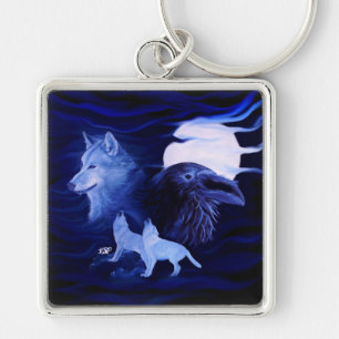 Wolves and Raven with full moon Key Ring