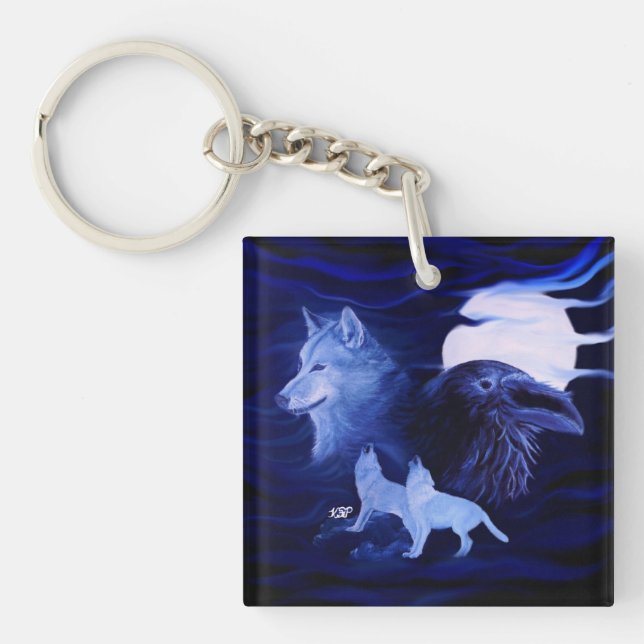 Wolves and Raven with full moon Key Ring (Front)