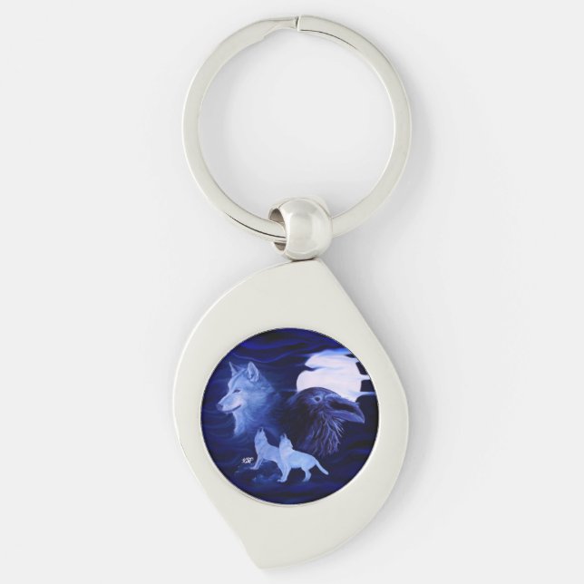 Wolves and Raven with full moon Key Ring (Front)