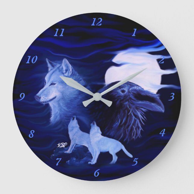 Wolves and Raven with full moon Large Clock (Front)